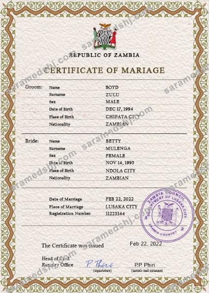 Zambia marriage certificate PSD template